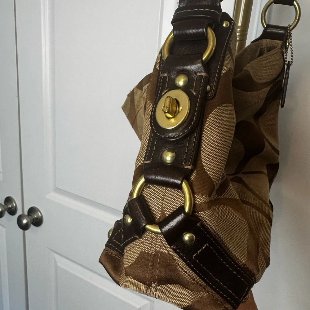 Vintage Coach Brown Signature Jacquard Hobo with Gold-Tone Hardware